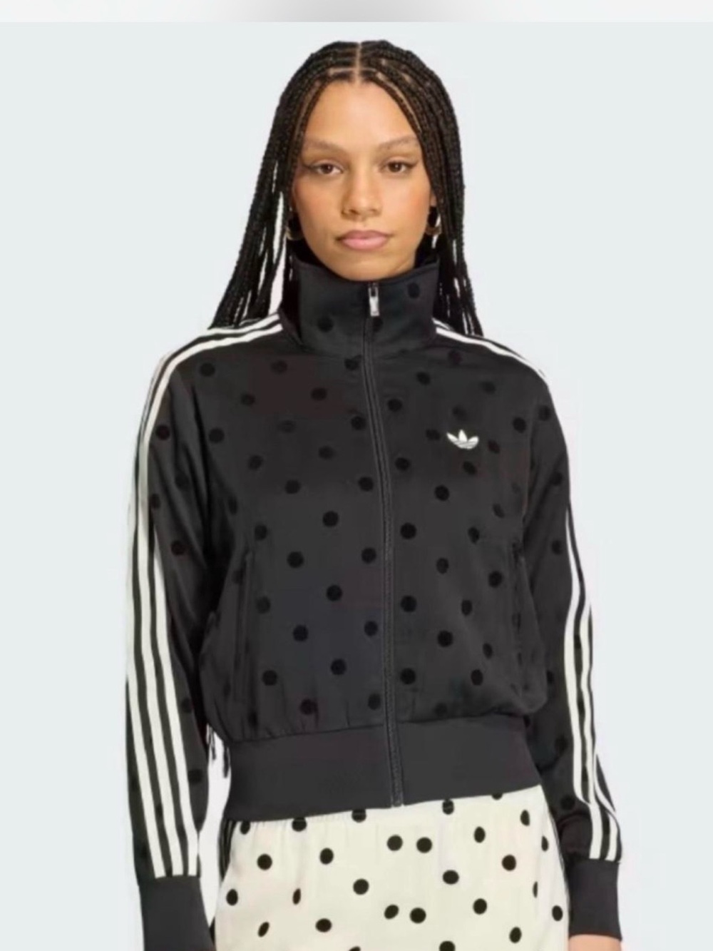 adidas Originals satin Black Polka Dot Bomber Jacket with White Stripes - Picture 2 of 3